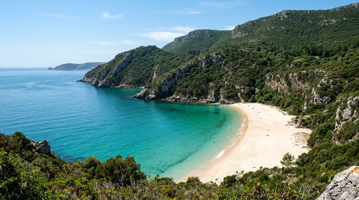 Turquoise water and sand in a cove along the Arrábida coast near Galapinhos
